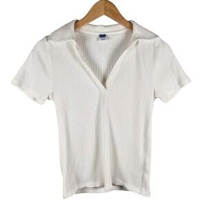 Old Navy Short Sleeve Polo Top Ribbed Knit Cream Medium Clean Girl Tenniscore